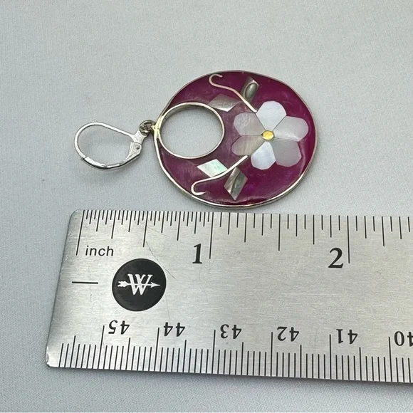 Vintage Taxco Mexico Silver Mother of Pearl Abalone Pink Flower Dangle Earrings - Picture 9 of 9